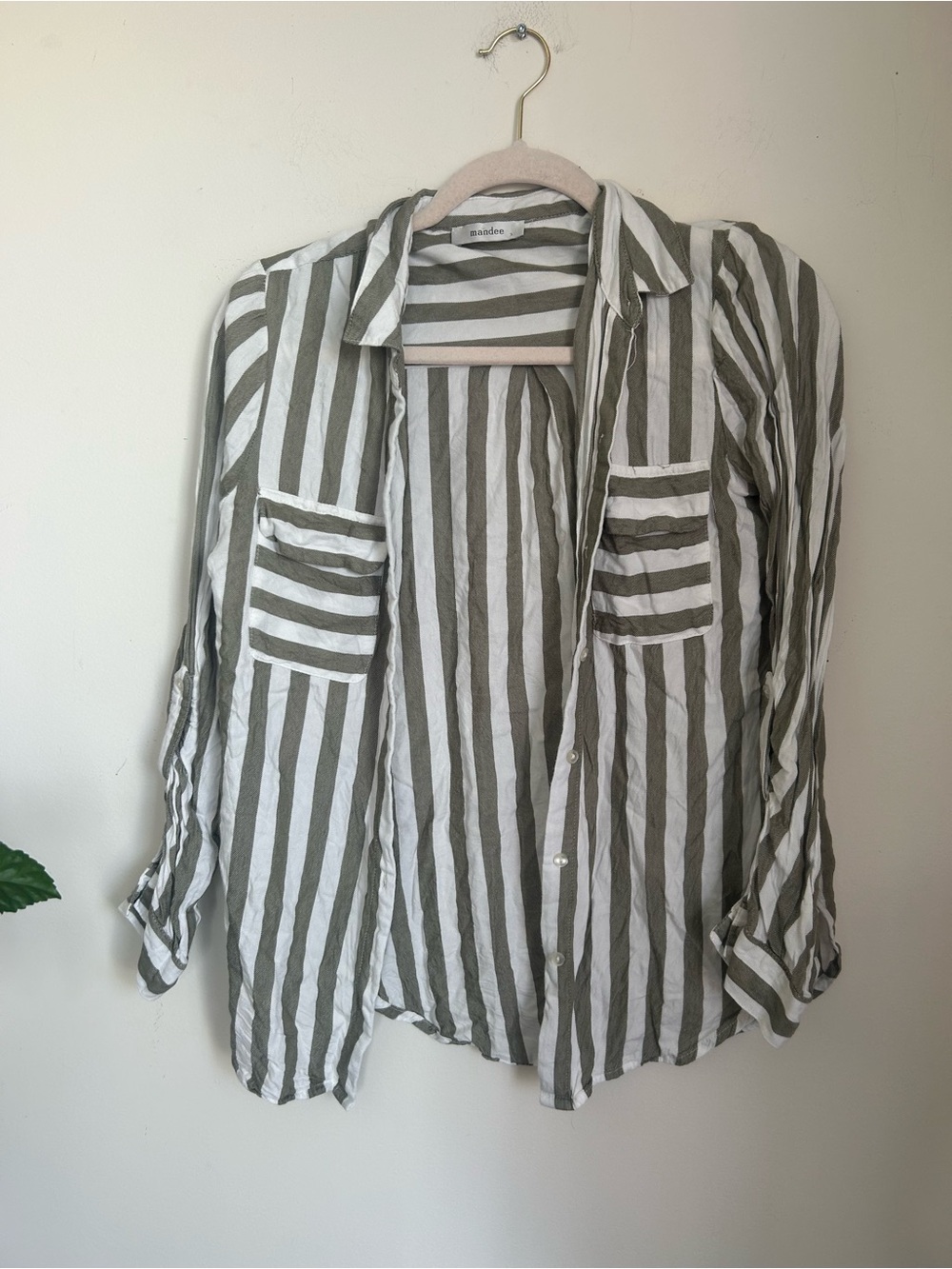 mandee Olive & White Striped Button-Down Shirt